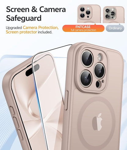 FNTCASE for iPhone 15 Pro Max Case: [Compatible with Magsafe] Translucent Matte Cases with [Full Camera Protection] [Screen Protector] Military Grade Shockproof Protective Phone Cover - Desert Gold