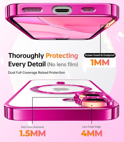 Meifigno Magnetic Case with Removable Phone Ring Stand for iPhone 16 Plus, [Glitter Card & Wrist Strap] [MagSafe Compatible] [Built in Mirror] Magnetic Phone Ring Holder + 16 Plus Case Kit, Hot Pink