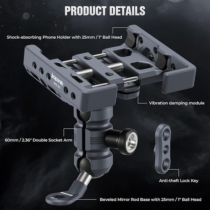 Shock-Absorbing Phone Clip Kit, for 8-10mm Screw/Mirror Install, Anti-Theft Double Socket Arm and 25mm Ball Top and Base, Suitable for Width of 2.56-3.74" Smartphone (KPS-17)