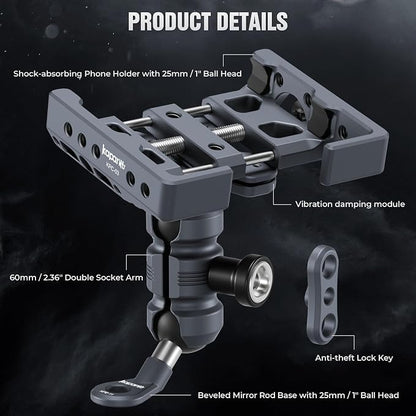 Shock-Absorbing Phone Clip Kit, for 8-10mm Screw/Mirror Install, Anti-Theft Double Socket Arm and 25mm Ball Top and Base, Suitable for Width of 2.56-3.74" Smartphone (KPS-17)
