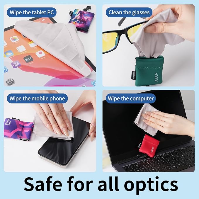 SEIBER Eyeglass Cleaning Microfiber Cloth - with Neoprene Pouch | 7 x 7 inch Glasses Cleaning Cloth for Sunglasses,Laptops, Cameras,Screen| Self-Closing Bottom(3PCS,BK)