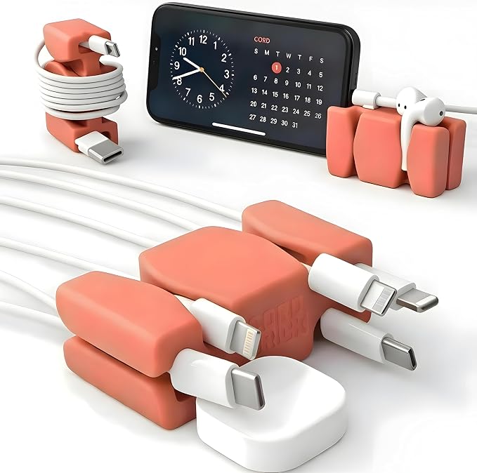 CordBrick 4PK Silicone & Steel Weighted Cord Holders for Bedside. Travel Phone Cable Organizers. Multiuse iPhone Accessories. Small Gifts for Him, College Student. Tech Gadgets for Teenagers. Coral