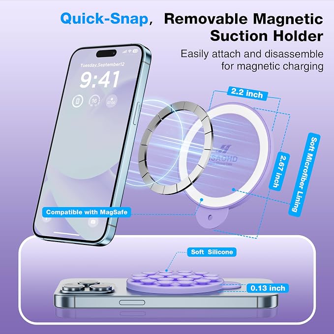 Magnetic Suction Cup Phone Mount with MagSafe, Silicone Hands-Free Grip Holder for iPhone Case and Android, Mirror Shower Phone Stand for Makeup FaceTime Gym Kitchen Bathroom, Lilac Purple