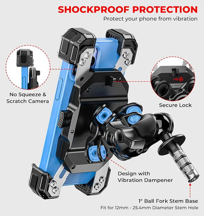 VAZESWIN Motorcycle Fork Stem Phone Mount with Vibration Dampener, Motorcycle Cell Phone Holder with Aluminum Alloy Anti-Theft Short Arm, Fit 12mm to 25.4mm Diameter Stem Tubes, for 5.5"-7.2" Phones