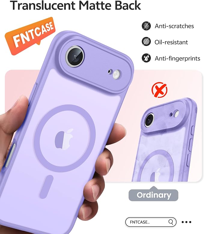 FNTCASE for iPhone Air Case: [Compatible with Magsafe] Translucent Matte Cases with [Full Camera Protection] [Screen Protector] Military Grade Shockproof Protective Phone Cover - Light Purple
