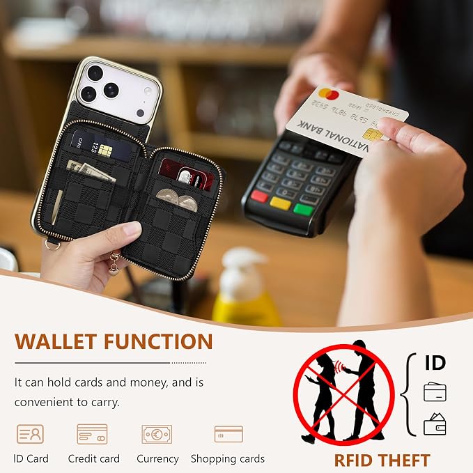 Keallce for iPhone 17 Pro Max 6.9'' Wallet Case, Crossbody Zipper Purse with 4 Card Slots RFID Blocking, Lanyards & Wrist Straps, Flip Leather Folio Cover with Kickstand for iPhone 17 Pro Max, Black