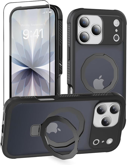 for iPhone 17 Pro Max Case with Screen Protector, Built-in Seamless Stand, [Compatible with MagSafe] Protective Shockproof Phone Case, Magnetic Cover for iPhone 17 ProMax 6.9 Inch - Black