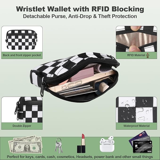 YFWE Clip and Go Strap for Phone with Wallet Crossbody, Adjustable Phone Lanyard with Detachable RFID Wristlet Wallet, Phone Strap with Phone Tabs for All Phones, Black Checkered (M)