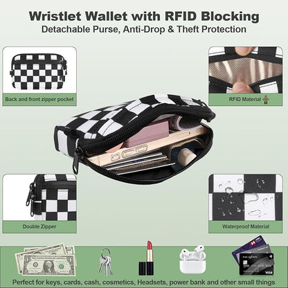 YFWE Clip and Go Strap for Phone with Wallet Crossbody, Adjustable Phone Lanyard with Detachable RFID Wristlet Wallet, Phone Strap with Phone Tabs for All Phones, Black Checkered (M)