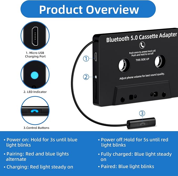 Car Bluetooth Cassette Reciver, Tape Player BT 5.0 Cassette Aux Adapter with Hands-Free