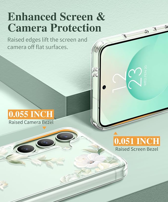 GVIEWIN for Samsung Galaxy S25 Case, Clear Floral Slim Shockproof Protective Women Phone Case, Non-Yellowing, with Screen Protector & Camera Lens Protector for Galaxy S25 6.2", Hibiscus/Green