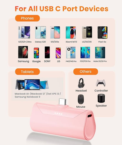 Mini Pink USB C Portable Battery Charger for iPhone 15 Pro Max, 4800mAh Little Charger Battery Pack Compact Power Bank Back Phone Charger for iPhone 15/16/Samsung Galaxy S22/Note 20/Google/Pixel