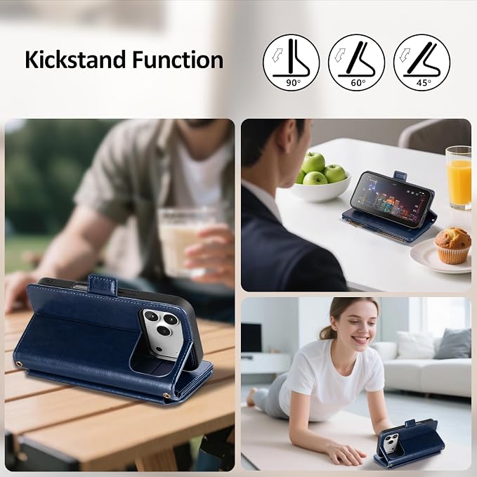 Antsturdy Compatible with Magsafe Magnetic 2 in 1 Detachable iPhone 17 Pro Wallet Case with Credit Card Holder Slots,PU Leather RFID Blocking Phone Cover Wrist Strap Zipper Women Men,Dark Blue