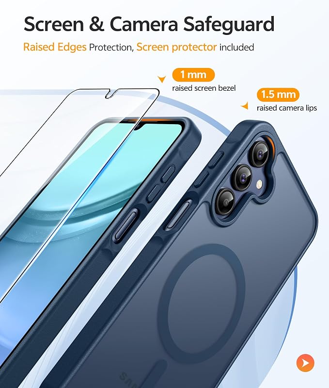FNTCASE for Galaxy A15 5G Phone Case, Screen Protector, Blue | Translucent Matte Magnetic Back, 14FT Military Grade Drop Protection, Shockproof Protective, for Samsung A 15 Cover