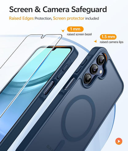 FNTCASE for Galaxy A15 5G Phone Case, Screen Protector, Blue | Translucent Matte Magnetic Back, 14FT Military Grade Drop Protection, Shockproof Protective, for Samsung A 15 Cover