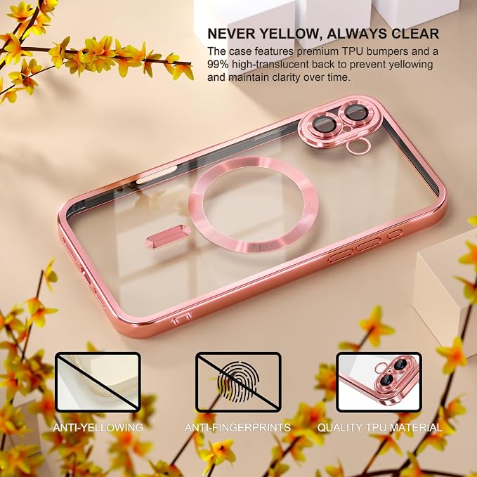 Misea Magnetic for iPhone 17 Case Compatible with MagSafe [Never Yellowing] [Military Grade Drop Protection] Full Camera Lens Protector Plating Soft Clear Phone Case for Women, Pink