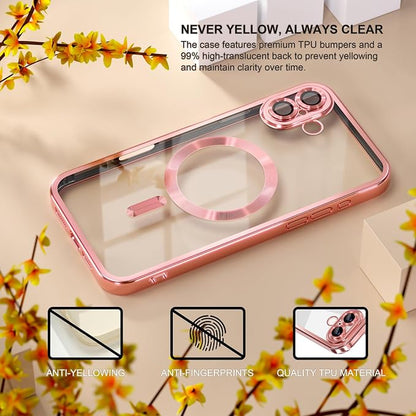 Misea Magnetic for iPhone 17 Case Compatible with MagSafe [Never Yellowing] [Military Grade Drop Protection] Full Camera Lens Protector Plating Soft Clear Phone Case for Women, Pink