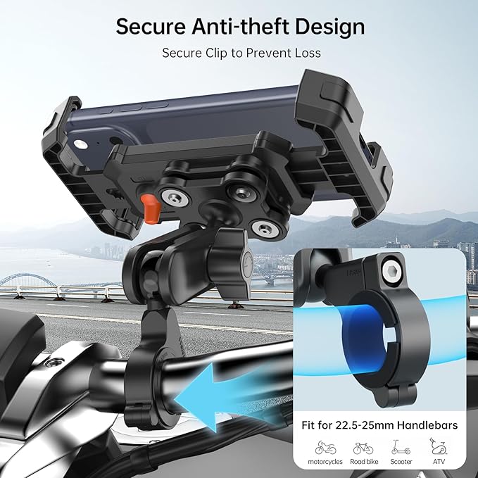 Motorcycle Phone Mount with Vibration Dampener & Security Lock, 720° Adjustable Bike Phone Holder Handlebar, Anti-Theft Motorcycle Phone Holder for iPhone 17/16/15/14/13 Series, 4.5-6.8" Phones