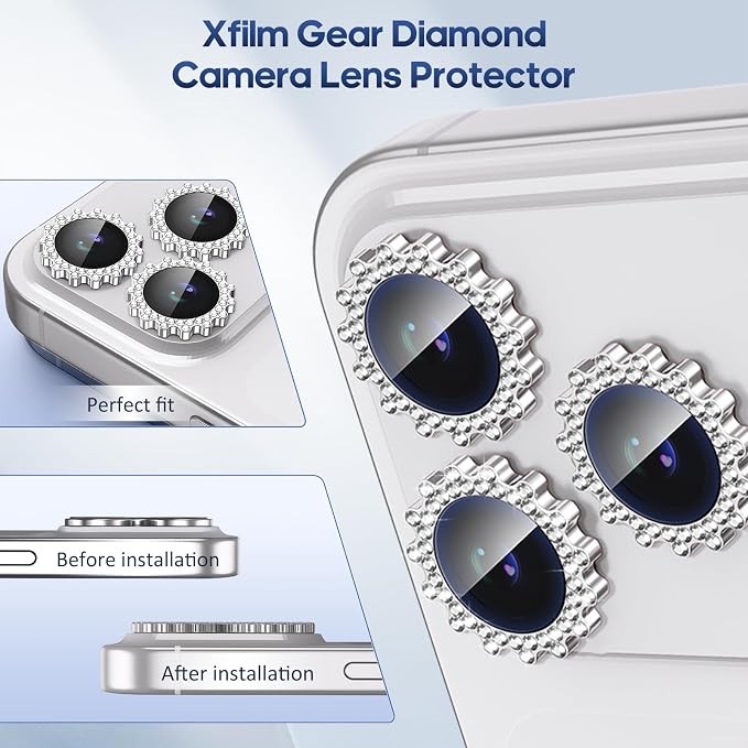 Xfilm for iPhone 17 Pro / 17 Pro Max Camera Lens Protector Gear Bling Diamond, Individual Metal with 9H Hardness, Scratch-Proof Camera Screen Protector, Stylish Accessories, Case Friendly (Silver)