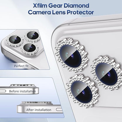 Xfilm for iPhone 17 Pro / 17 Pro Max Camera Lens Protector Gear Bling Diamond, Individual Metal with 9H Hardness, Scratch-Proof Camera Screen Protector, Stylish Accessories, Case Friendly (Silver)