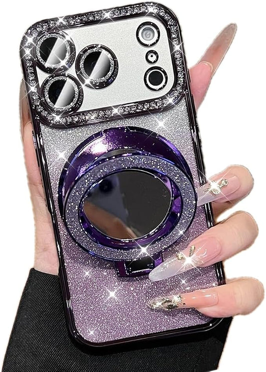 for iPhone 17 Pro Magnetic Case, [Compatible with Magsafe] Kickstand Shockproof Glitter Girls Woman Cute Bling Cover Makeup Mirror Ring Holder with Camera Protector for iPhone 17 Pro, Purple