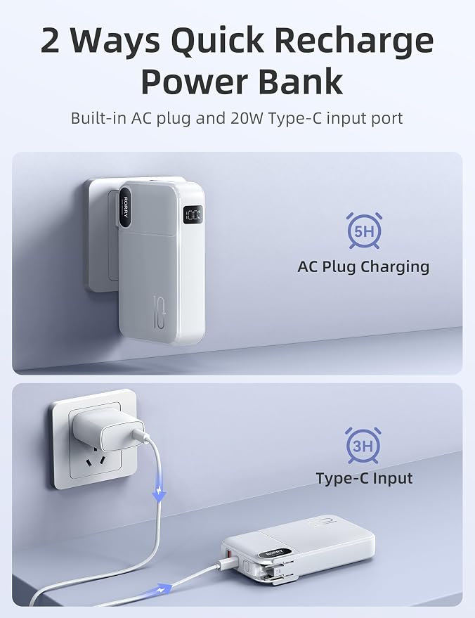 RORRY Portable Charger w/Wall Plug 10000mAh Power Bank 22.5W Battery Pack | Built in Cables, Fast Charging, for iPhone, iPad, Samsung Galaxy, Pixel, LG, Travel Essential, Digital Display, Pocket Size