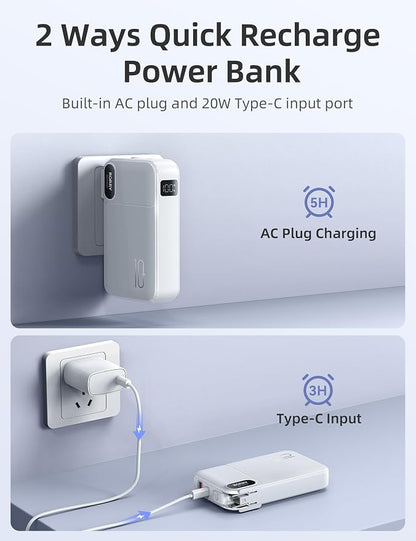 RORRY Portable Charger w/Wall Plug 10000mAh Power Bank 22.5W Battery Pack | Built in Cables, Fast Charging, for iPhone, iPad, Samsung Galaxy, Pixel, LG, Travel Essential, Digital Display, Pocket Size