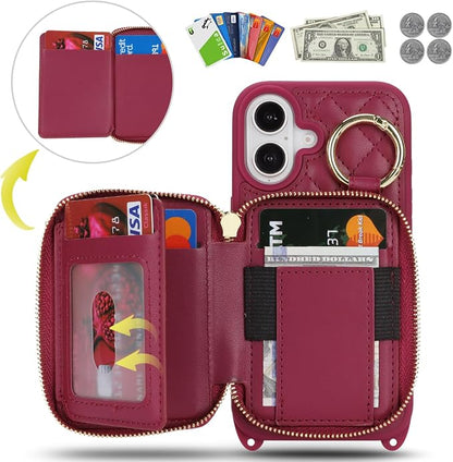 Crossbody Wallet Case for iPhone 17, PU Leather Zipper Handbag Purse Flip Cover, Kickstand Folio Case with Card Slots Holder Wrist Strap Lanyard 5G 6.3 Inch-Dark red