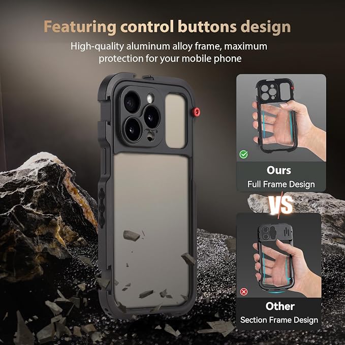 Andoer Portable Phone Cage with Dual Handles Mobile Phone Video Rig Handheld Smartphone Stabilizer Several Cold Shoe Mounts Replacement for iPhone 15 Pro