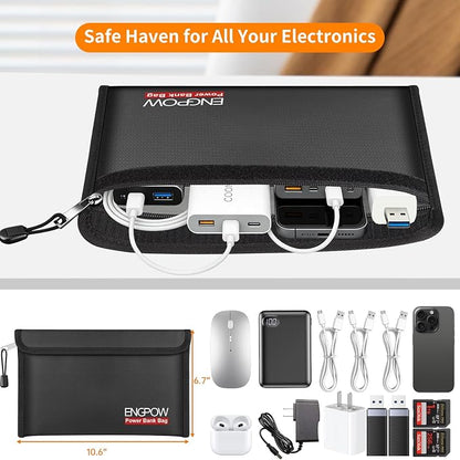 ENGPOW Fireproof Organizer Travel Safe Bag, Portable Electronic Carry Case | Heat Insulated＆Explosion-Proof, Home Travel Storage for Power Bank,Phone,Cables,USB Drive,Charging Protection, 2 Pack, Black