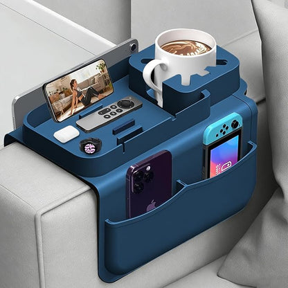 Silicone Couch Cup Holder for Tablet & Phone Stand, Sofa Arm Tray Organizer with Dual Side Pockets for Remotes Snacks Headphones & Glasses Drinks Anti-Slip & Heat Resistant Sofa Caddy (Blue)