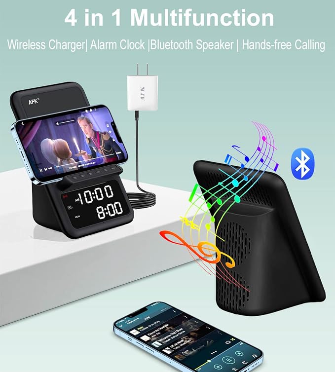 AFK Wireless Charging Station with Bluetooth Speaker and Alarm Clock,Wireless Charger Compatible with iPhone,Android Phones(Black)
