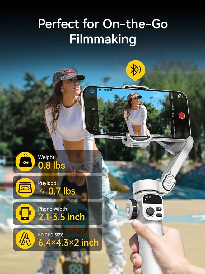 AOCHUAN Gimbal Stabilizer for iPhone, Phone Gimbal with Face/Object Tracking for Vlog Recording, 3-Axis Phone Stabilizer with 7.8' Extension Rod and OLED Display for iPhone/Android-Smart X2 White