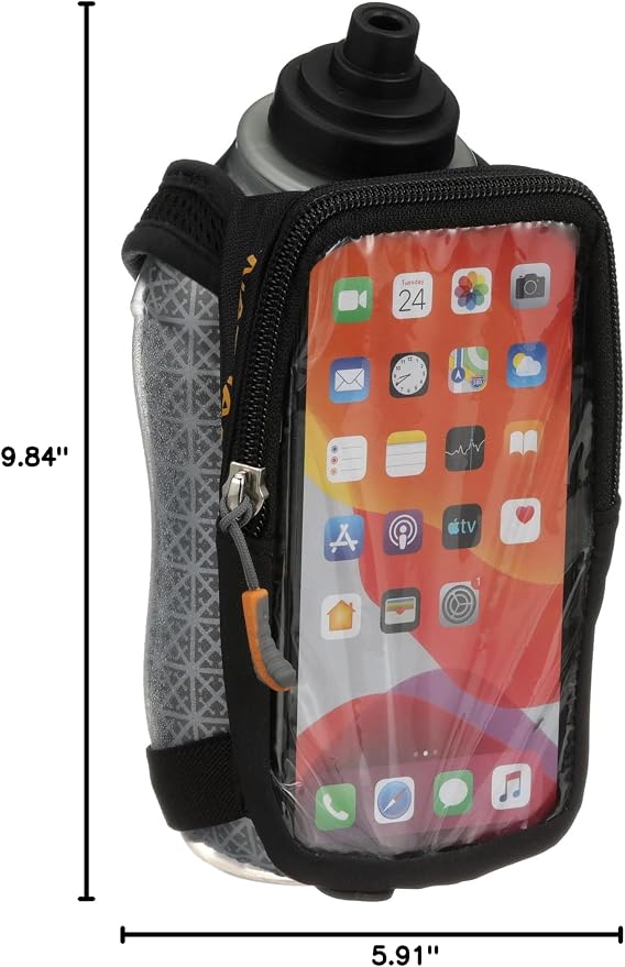 Nathan SpeedDraw 2 Insulated Handheld Running Water Bottle Flask 18oz – Double-Wall Insulation, Ergonomic Grip, Blast Valve Cap, Phone & Key Storage Pockets, Reflective Design