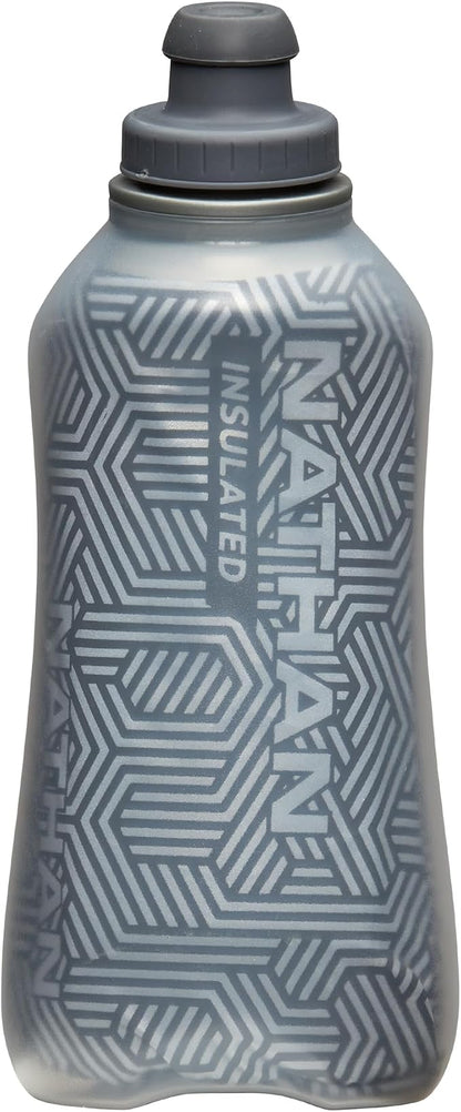 Nathan SpeedDraw 2 Insulated Handheld Running Water Bottle Flask – Double-Wall Insulation, Ergonomic Grip, Blast Valve Cap, Phone & Key Storage Pockets, Reflective Design - 18oz, Deep Blue