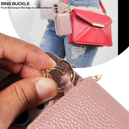 Wallet Case for Samsung Galaxy A24 4G/5G with Shoulder Strap Ring Buckle PU Leather Zipper Flip Organ Purse, Credit Card Holder Stand Full Body Cell Phone Cover for A 24 24A Lte Women Rose Gold
