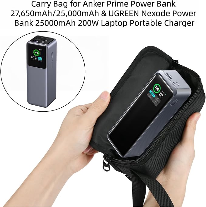 Carry Bag for Anker Prime Power Bank 27,650mAh/25,000mAh & Accessories, Storage Bag for UGREENs Nexode Power Bank 25000mAh 200W, with Hand Strap Black