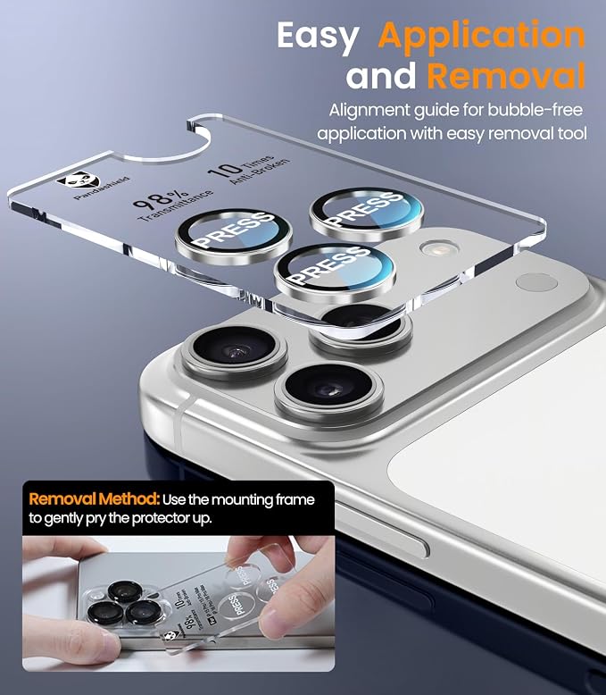 PandaShield 2-Pack Anti-Reflection Camera Lens Protector for iPhone 17/16/15 Pro & Pro Max, Easy Installation,Anti-Scratch,9H Hardness,98% Ultra Clarity,Maintains Original Lens Design - Transparent