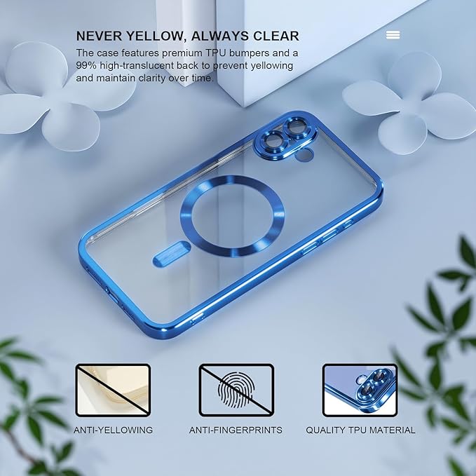 Misea Magnetic for iPhone 16 Plus Case Compatible with MagSafe [Never Yellowing] [Military Grade Drop Protection] Full Camera Lens Protector Plating Soft Clear Phone Case for Women 6.7", Deep Blue