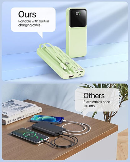 RONEGN Portable Charger with Built in Cable -20000mAh Fast Charging Power Bank USB C Slim 22.5W LED Display Battery Pack 5 Outputs & 3 Inputs for Travel Essentials iPhone Samsung Phones Green