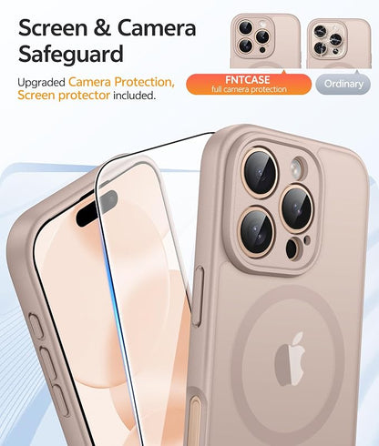 FNTCASE for iPhone 16 Pro Max Case: [Compatible with Magsafe] Translucent Matte Cases with [Full Camera Protection] [Screen Protector] Military Grade Shockproof Protective Phone Cover - Desert Gold