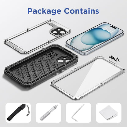 Mitywah Waterproof Case for iPhone 15, Heavy Duty Shockproof Case with Built-in Screen Protector, Full Body Underwater Protective Metal Case 6.1 inch, Silver