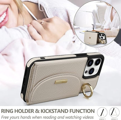 Keallce Wallet Case for iPhone 15 Pro Max 6.7'', Flip Case with Card Slots, Ring Holder Kickstand, PU Leather Protective Folio Cover for Women, Beige