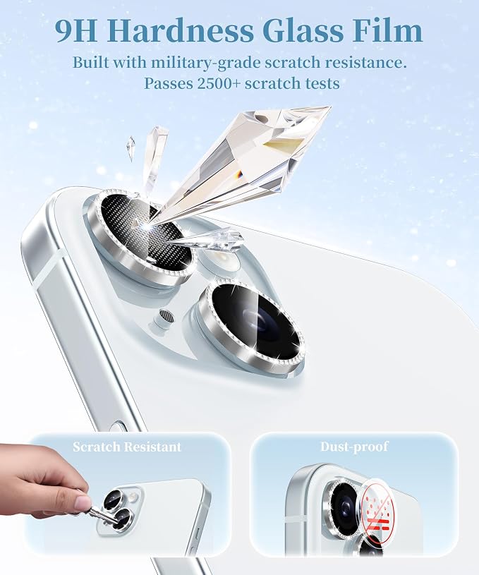 GolbinBox Camera Lens Protector for iPhone 15/15 Plus, 1:1 Invisible Fit, 9H Tempered Glass Ultra HD Metal Individual Camera Cover for Women, Case Friendly, Bling/Silver