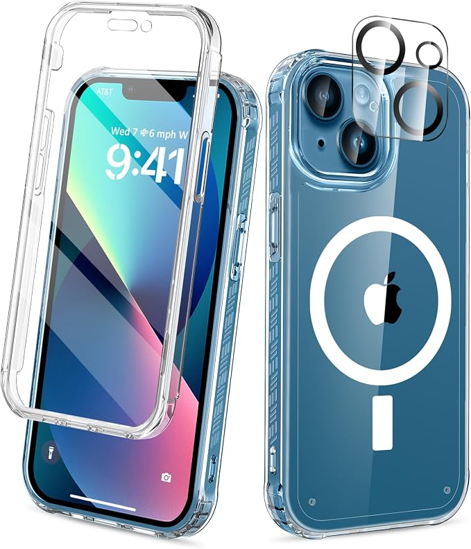 Magnetic for iPhone 13 Case, [Design for MagSafe] Built-in Screen Protector, with Camera Lens Protector, Full Body Shockproof Protective Bumper Phone Case 6.1 Inch - Clear