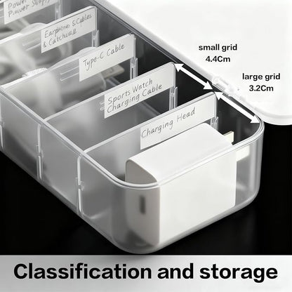 Cable Organizer Box with 7 Wire Ties, 1 Pack Desktop Cord Management Storage Case with Lid, 7 Compartments for Chargers Cables for Office Home Desk Accessories Cords (White)