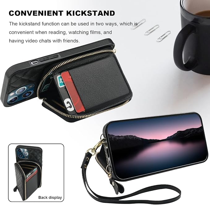 Bocasal Crossbody Wallet Case for iPhone 12 Pro Max, RFID Blocking PU Leather Zipper Handbag Purse Flip Cover, Kickstand Folio Case with Card Slots Holder Wrist Strap Lanyard 5G 6.7 Inch (Black)