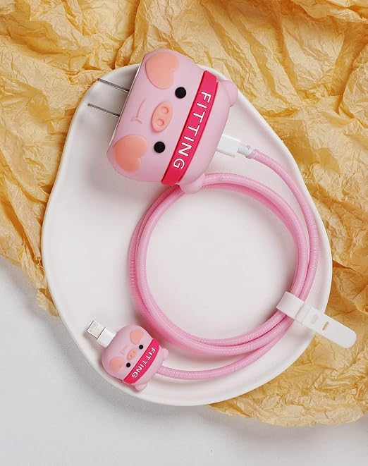 Compatible with iPhone 18W/20W USB-C Charger Protector Cover, 3D Cute Cartoon Charger Case for Apple iPhone 20W USB-C Power Adapter and Lightning Cable Protective Wire Saver (Fitting Pig)