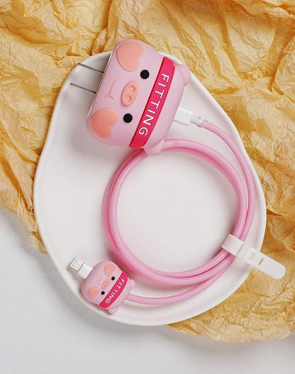 Compatible with iPhone 18W/20W USB-C Charger Protector Cover, 3D Cute Cartoon Charger Case for Apple iPhone 20W USB-C Power Adapter and Lightning Cable Protective Wire Saver (Fitting Pig)