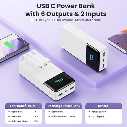 Portable Charger Power Bank 50800mAh,25W USB C Fast Charging Battery Pack with 3 Built in Cables & LED Display,6 Output 2 Input Travel Essentials Phone Charger for iPhone 17/16/15,Android etc (White)